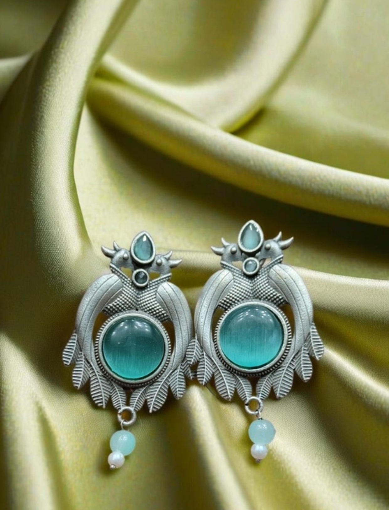 Monalisa Stone Oxidised Silver Replica Sea Green Studs - Nishkarsh the royal radiance