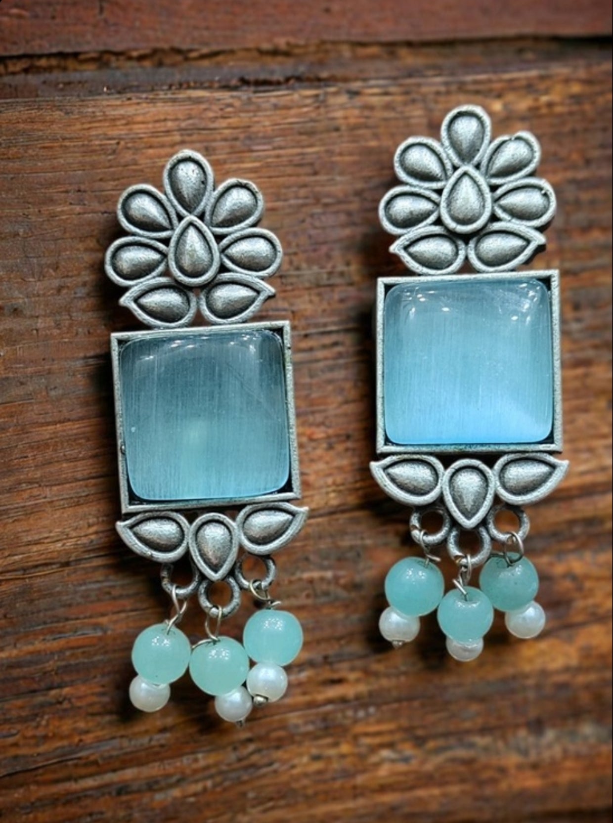 Monalisa Stone Oxidised Silver Replica Light Blue Studs - Nishkarsh the royal radiance