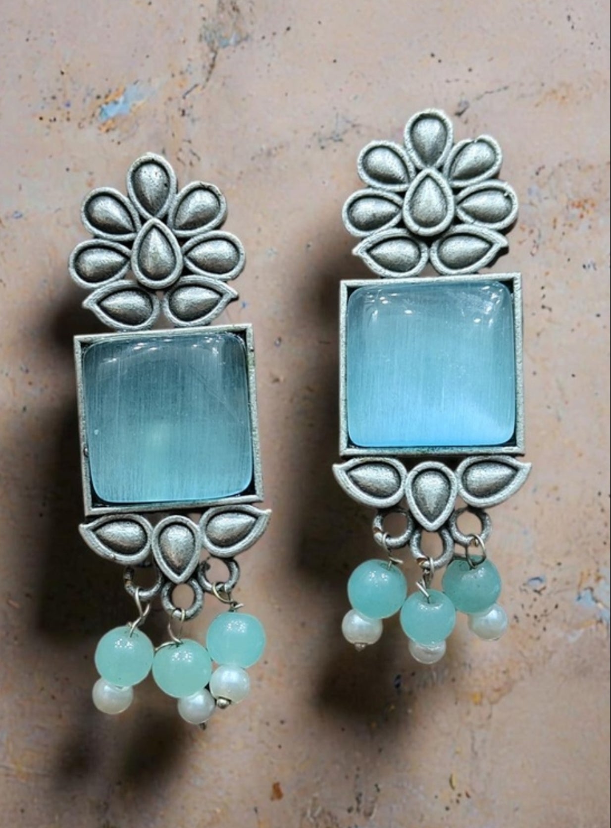 Monalisa Stone Oxidised Silver Replica Light Blue Studs - Nishkarsh the royal radiance