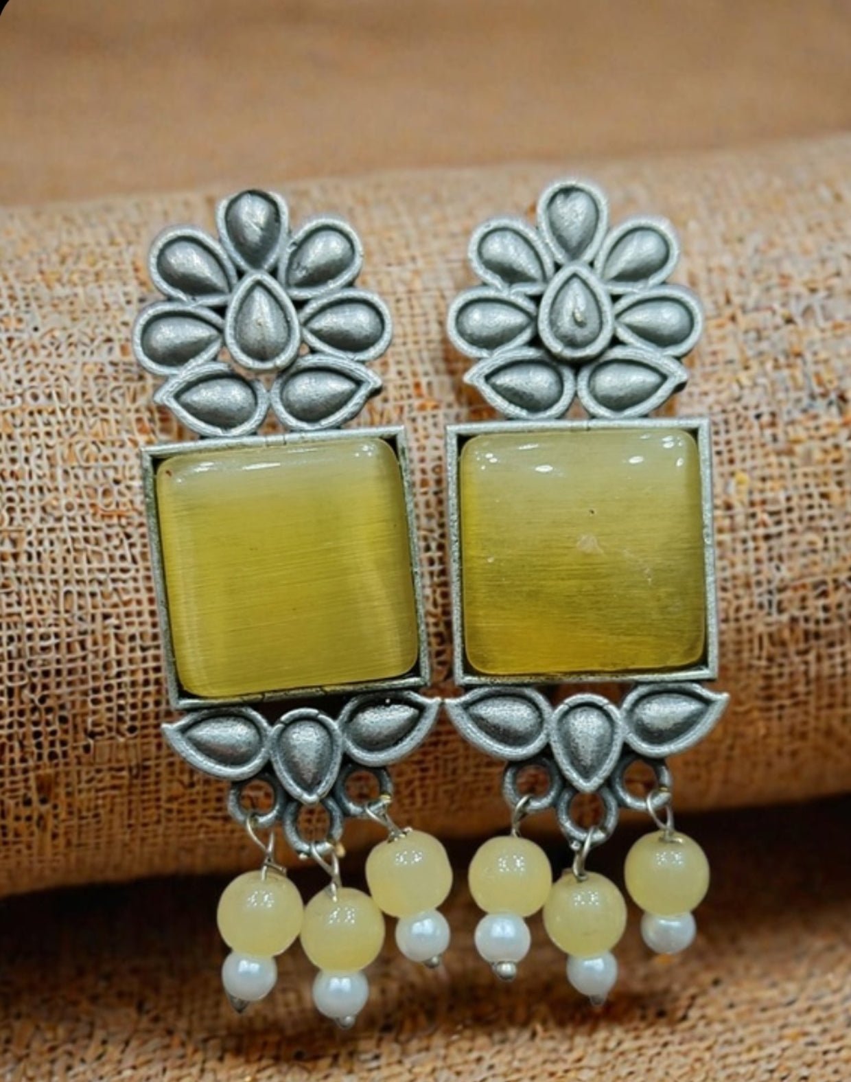 Monalisa Stone Oxidised Silver Replica Yellow Studs - Nishkarsh the royal radiance