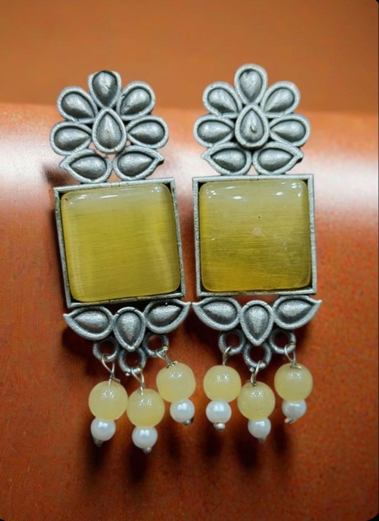 Monalisa Stone Oxidised Silver Replica Yellow Studs - Nishkarsh the royal radiance