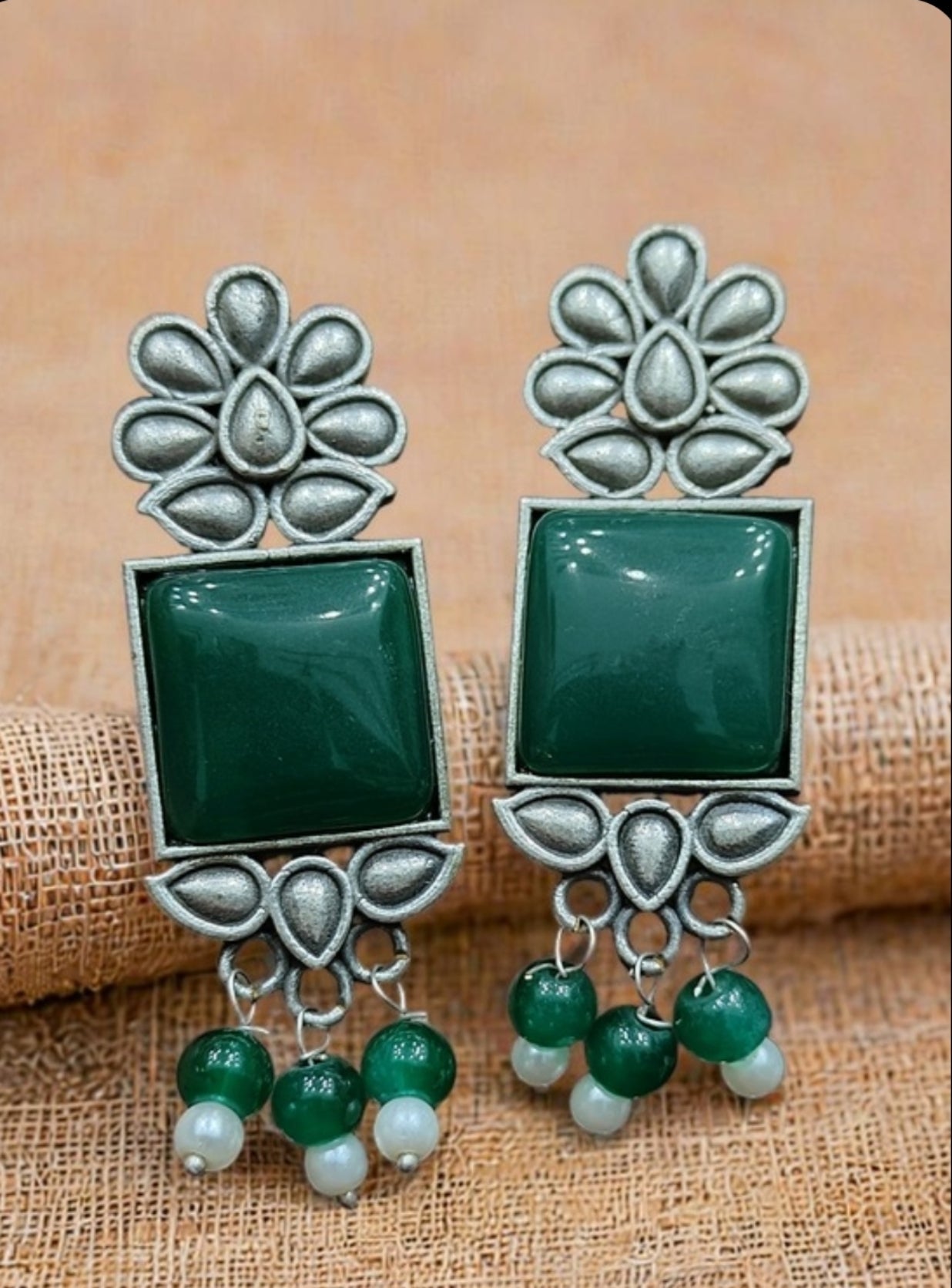 Monalisa Stone Oxidised Silver Replica Green Studs - Nishkarsh the royal radiance