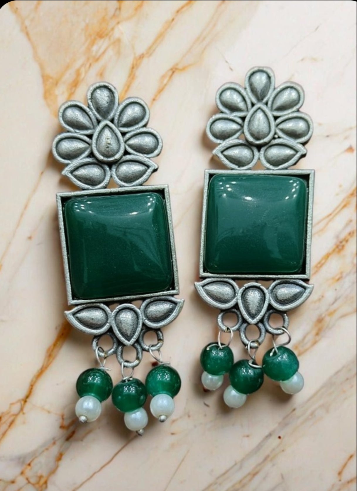 Monalisa Stone Oxidised Silver Replica Green Studs - Nishkarsh the royal radiance