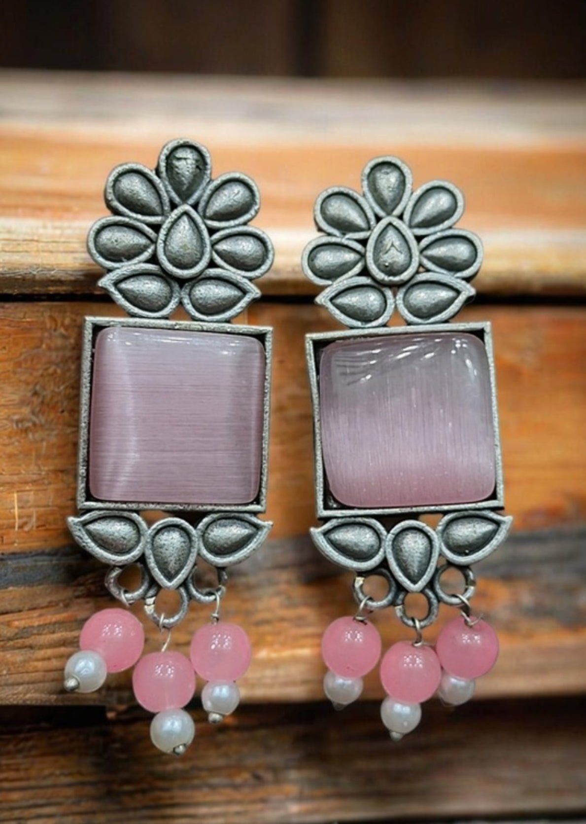 Monalisa Stone Oxidised Silver Replica Pink Studs - Nishkarsh the royal radiance