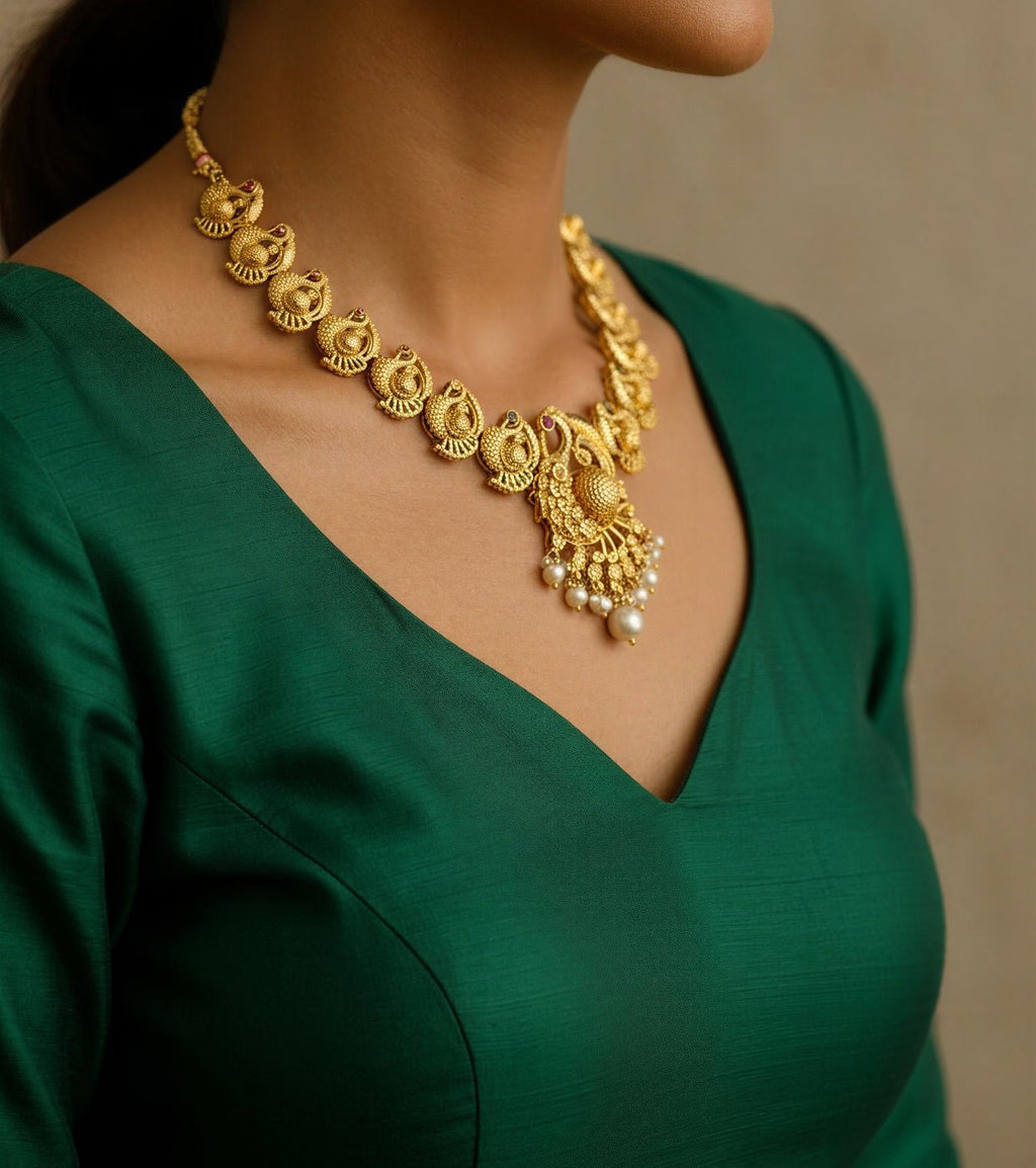 Gold Plated Alloy Peacock Necklace With Earrings Set - Nishkarsh the royal radiance