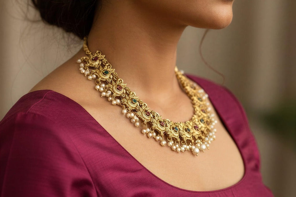 Matte Finish Peacock Shape Guttapasulu Style Necklace with Stud Earrings - Nishkarsh the royal radiance