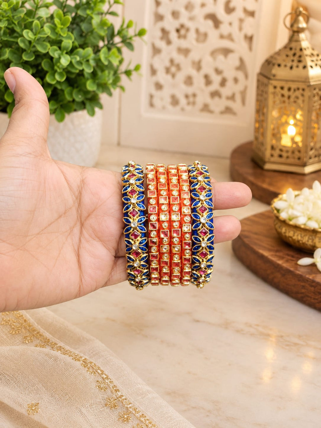 Silk Thread Bangles, Dark blue and orange combination with kundan stones - Nishkarsh the royal radiance