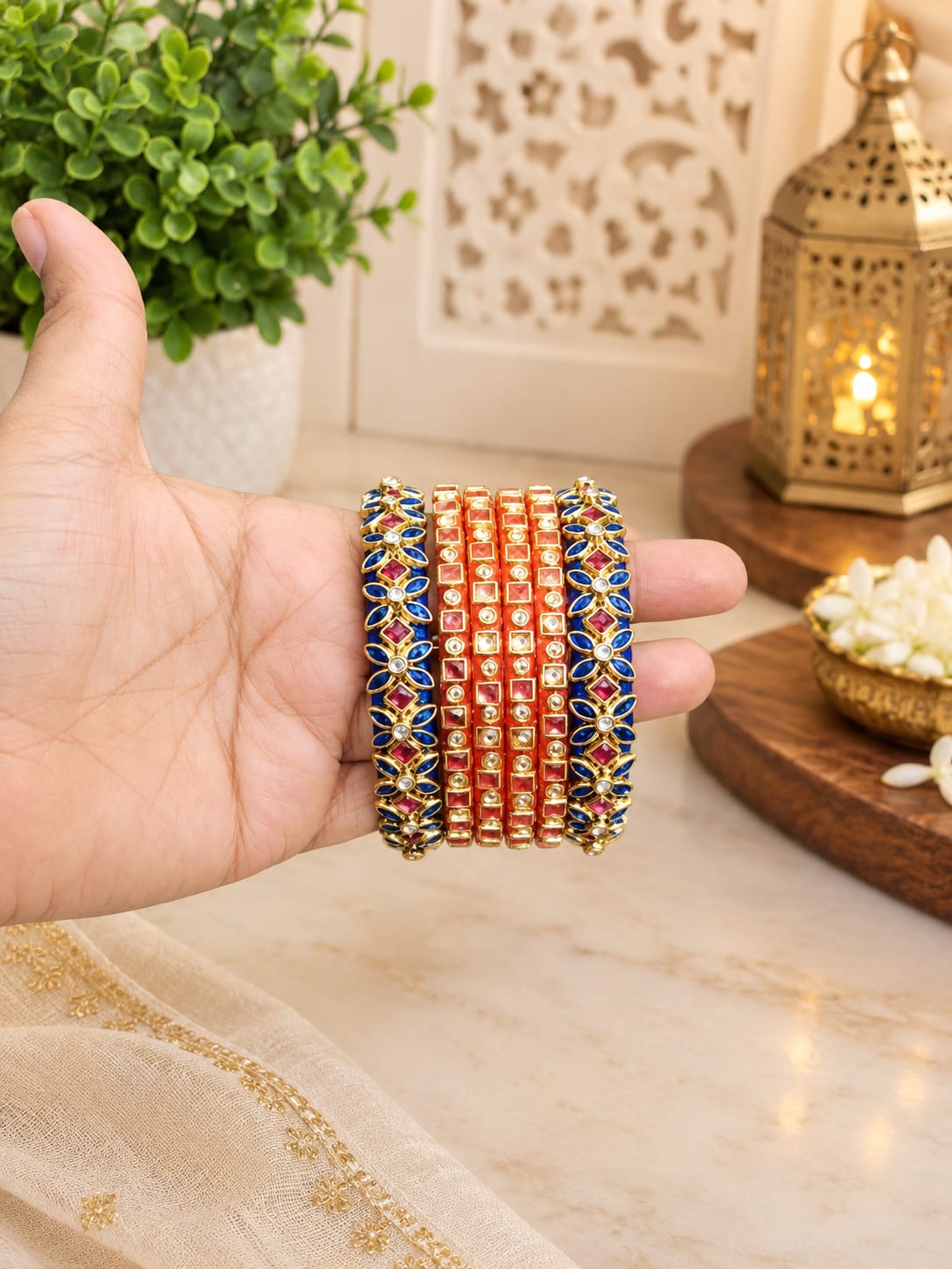 Silk Thread Bangles, Dark blue and orange combination with kundan stones - Nishkarsh the royal radiance