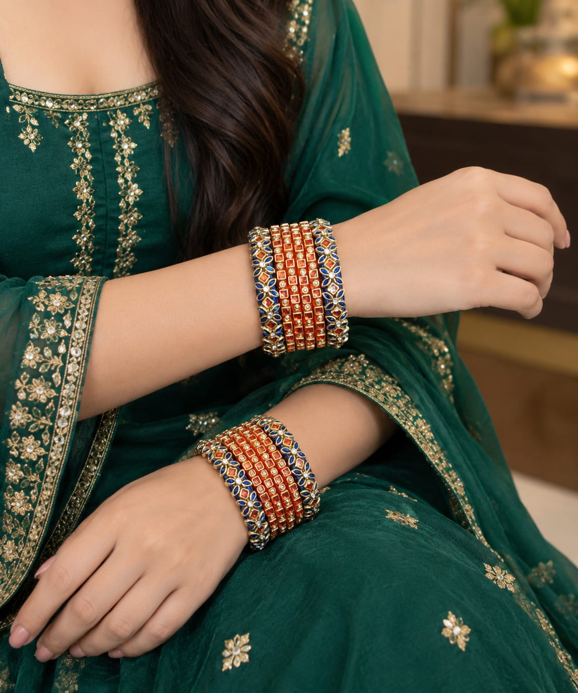 Silk Thread Bangles, Dark blue and orange combination with kundan stones - Nishkarsh the royal radiance