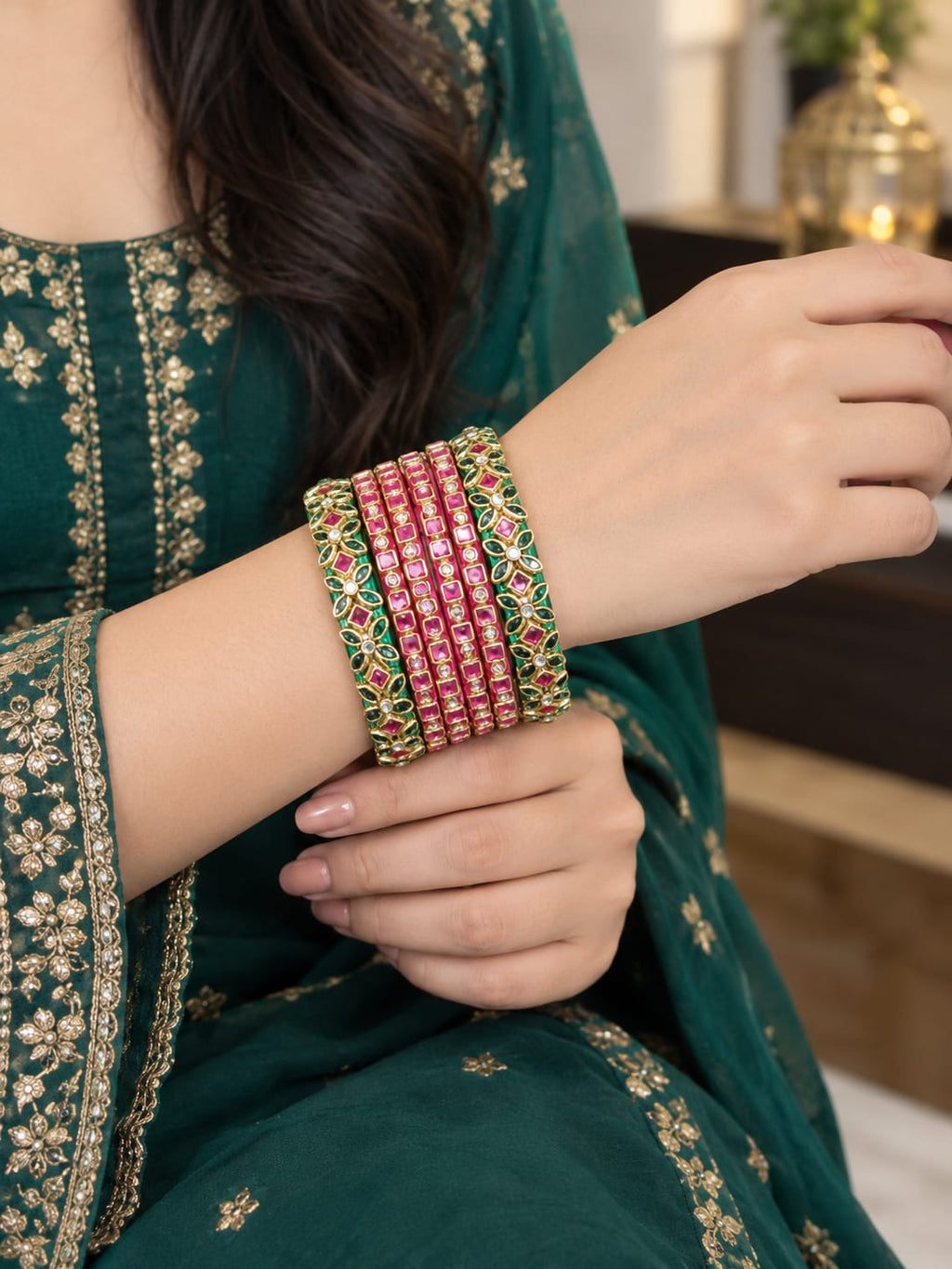 Silk Thread Bangles, Bottle Green and Pink combination with kundan stones - Nishkarsh the royal radiance