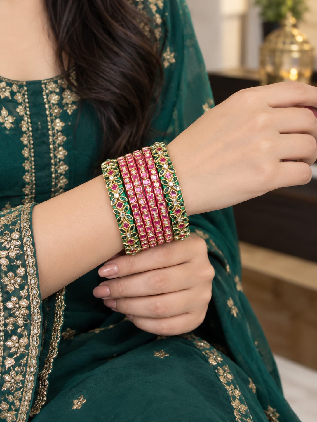 Silk Thread Bangles, Bottle Green and Pink combination with kundan stones - Nishkarsh the royal radiance