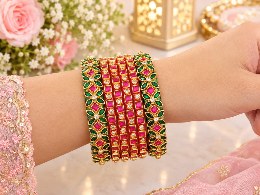 Silk Thread Bangles, Bottle Green and Pink combination with kundan stones - Nishkarsh the royal radiance
