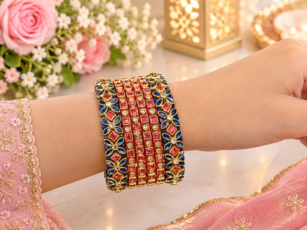 Silk Thread Bangles, Dark blue and orange combination with kundan stones - Nishkarsh the royal radiance