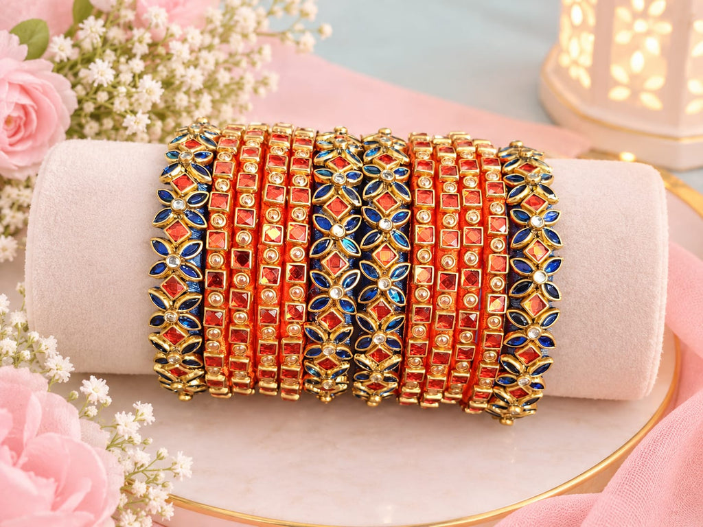 Silk Thread Bangles, Dark blue and orange combination with kundan stones - Nishkarsh the royal radiance