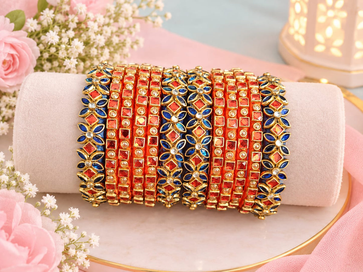 Silk Thread Bangles, Dark blue and orange combination with kundan stones - Nishkarsh the royal radiance