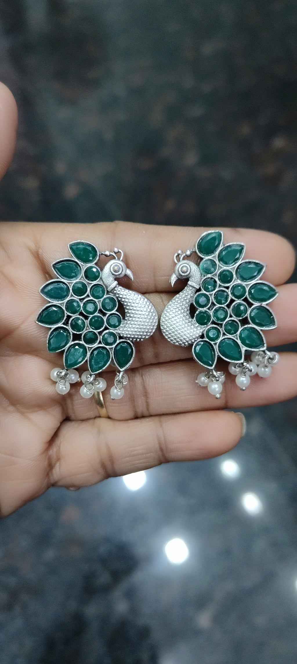 Oxidised silver peacock theme monalisa stone earrings - Nishkarsh the royal radiance