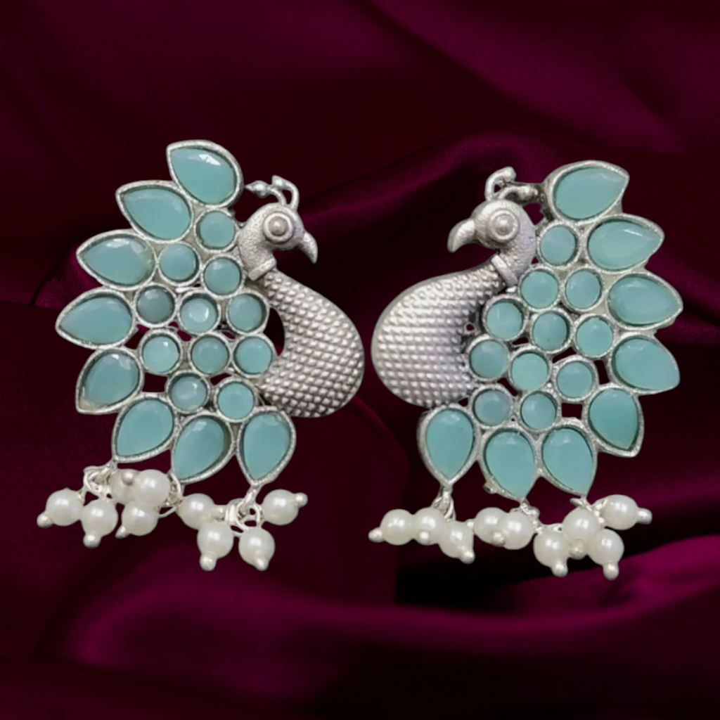 Oxidised silver peacock theme monalisa stone earrings - Nishkarsh the royal radiance