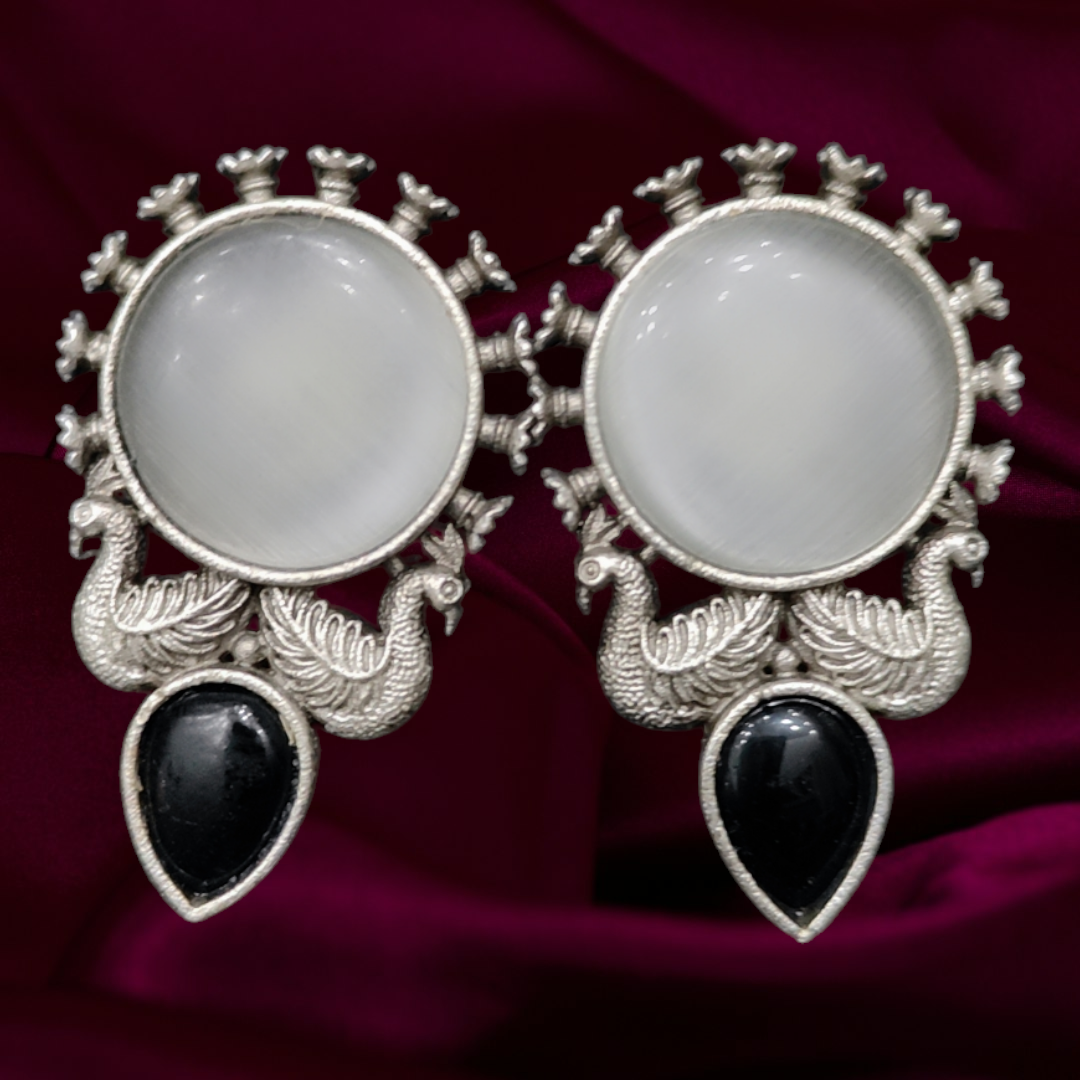 Oxidised silver peacock theme monalisa stone earrings - Nishkarsh the royal radiance