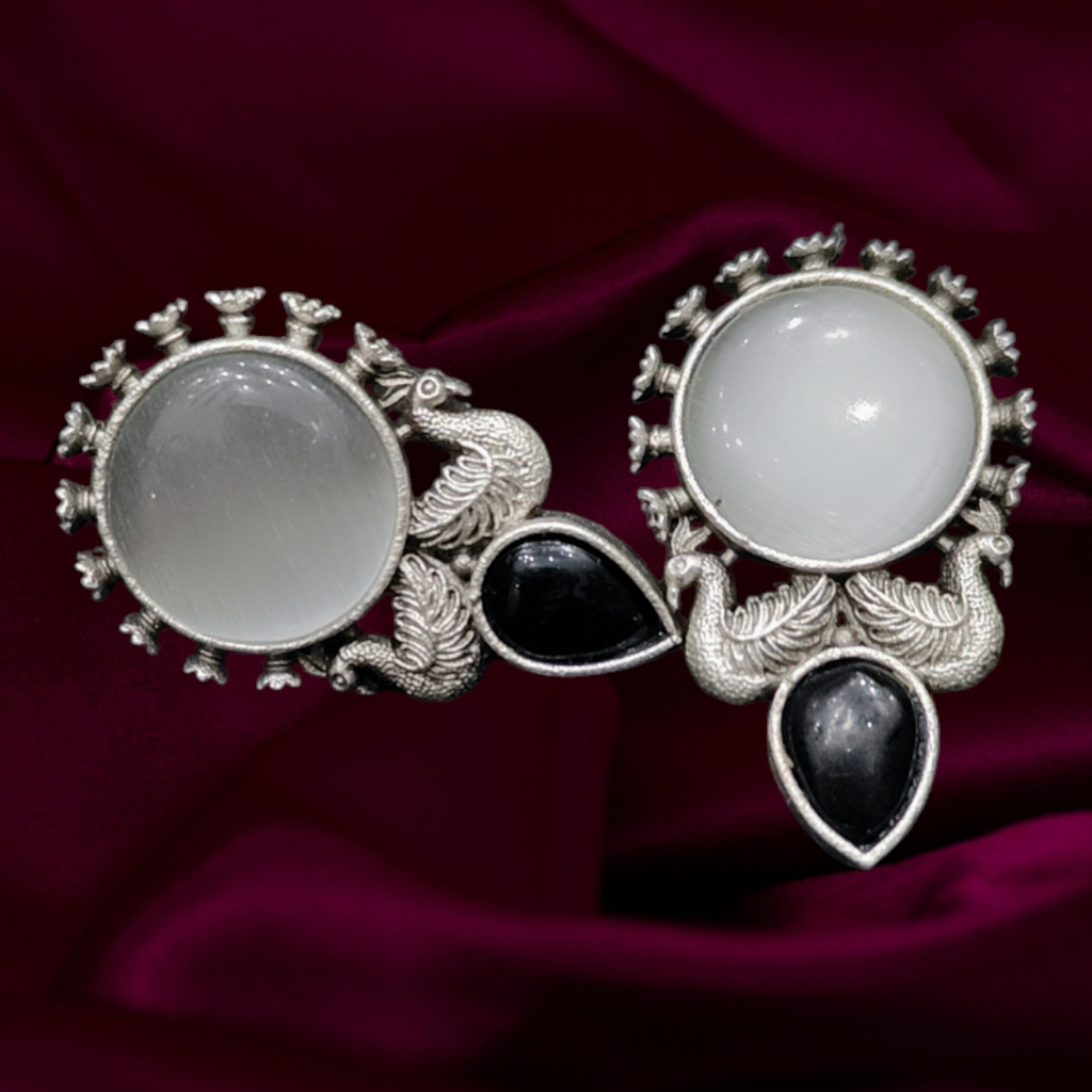 Oxidised silver peacock theme monalisa stone earrings - Nishkarsh the royal radiance