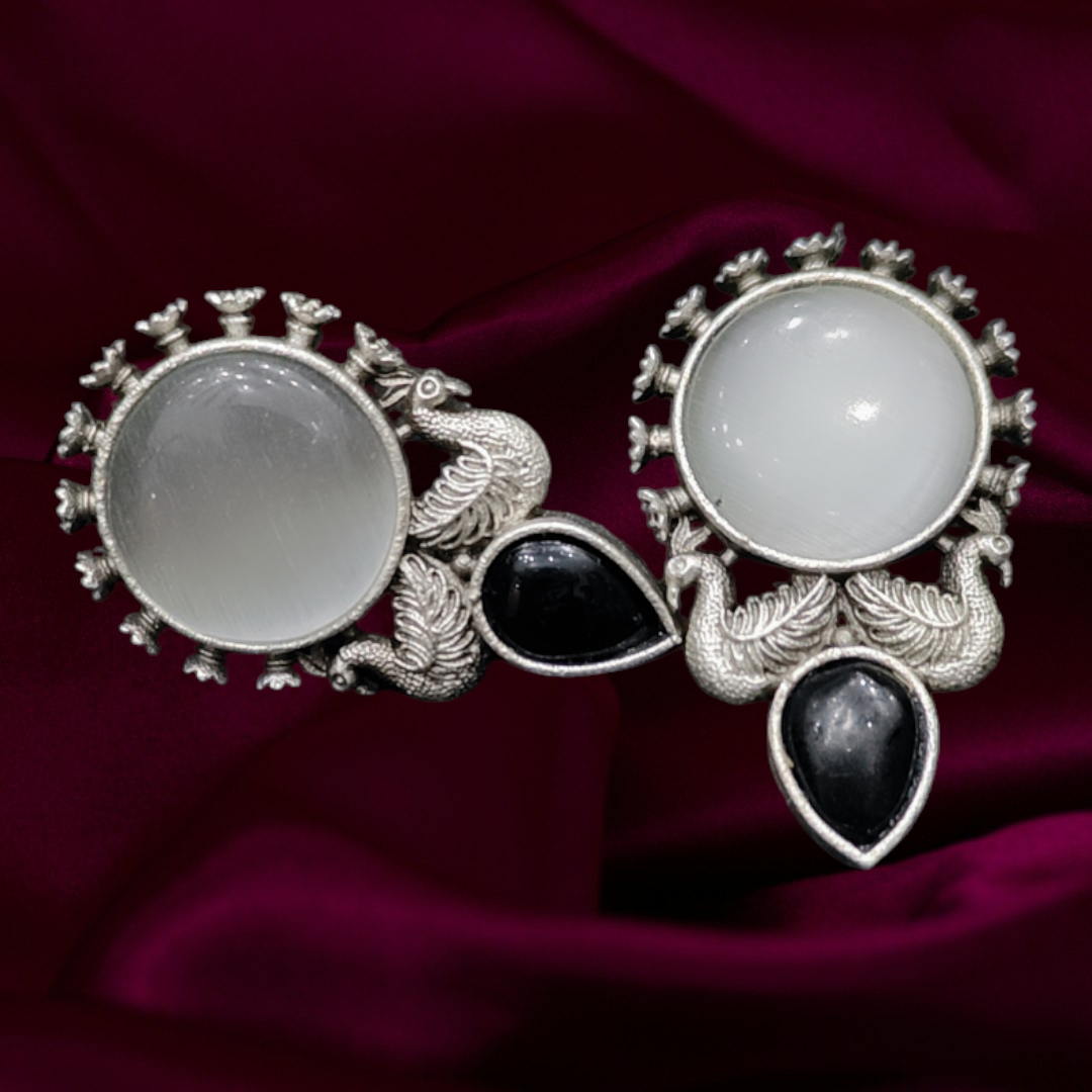 Oxidised silver peacock theme monalisa stone earrings - Nishkarsh the royal radiance