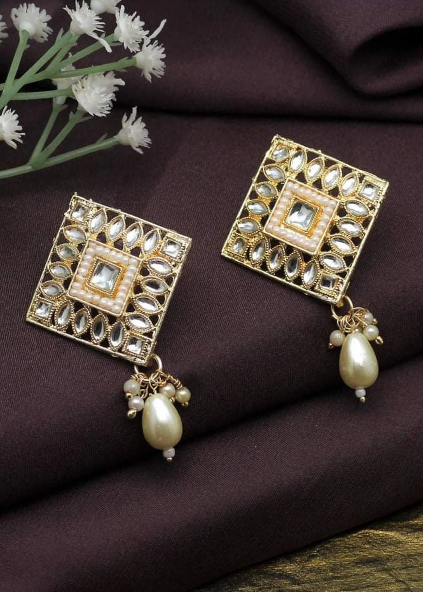 Gold Plated kundan and pearl drop stud earrings - Nishkarsh the royal radiance