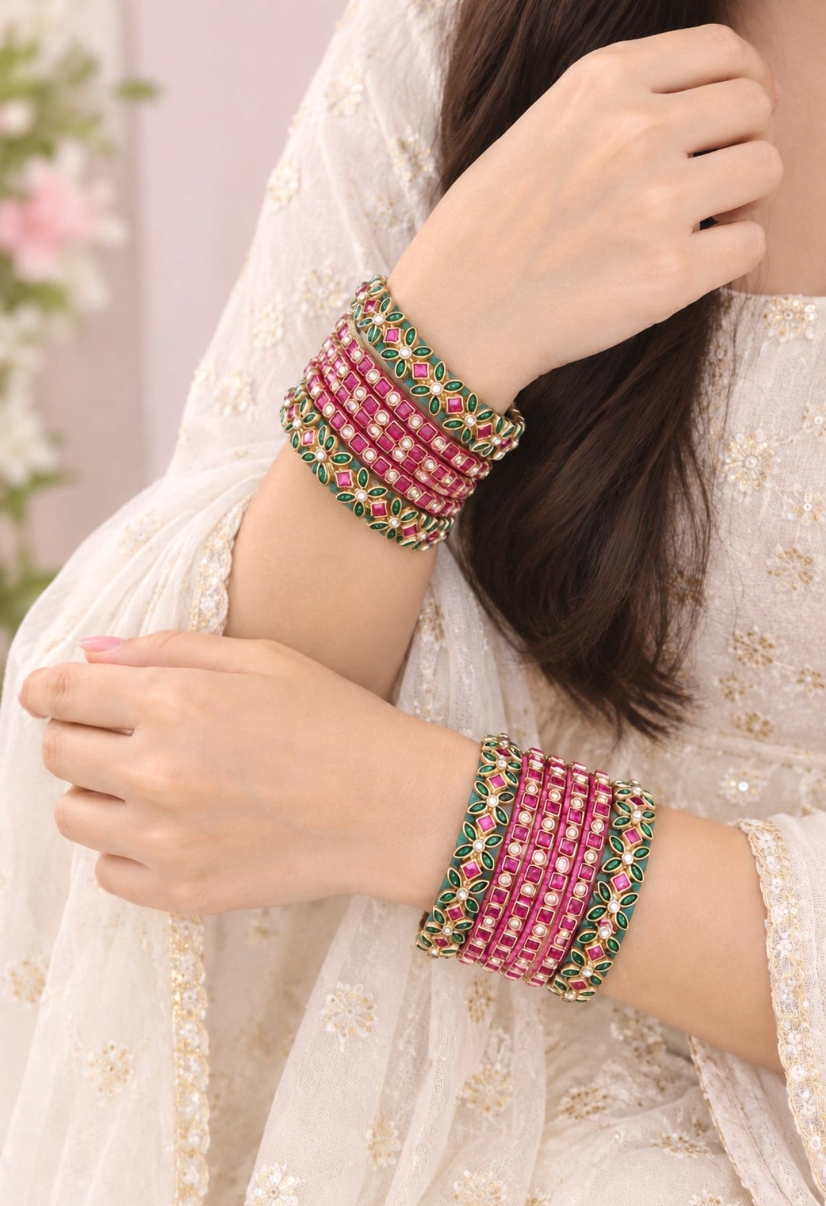 Silk Thread Bangles, Bottle Green and Pink combination with kundan stones - Nishkarsh the royal radiance