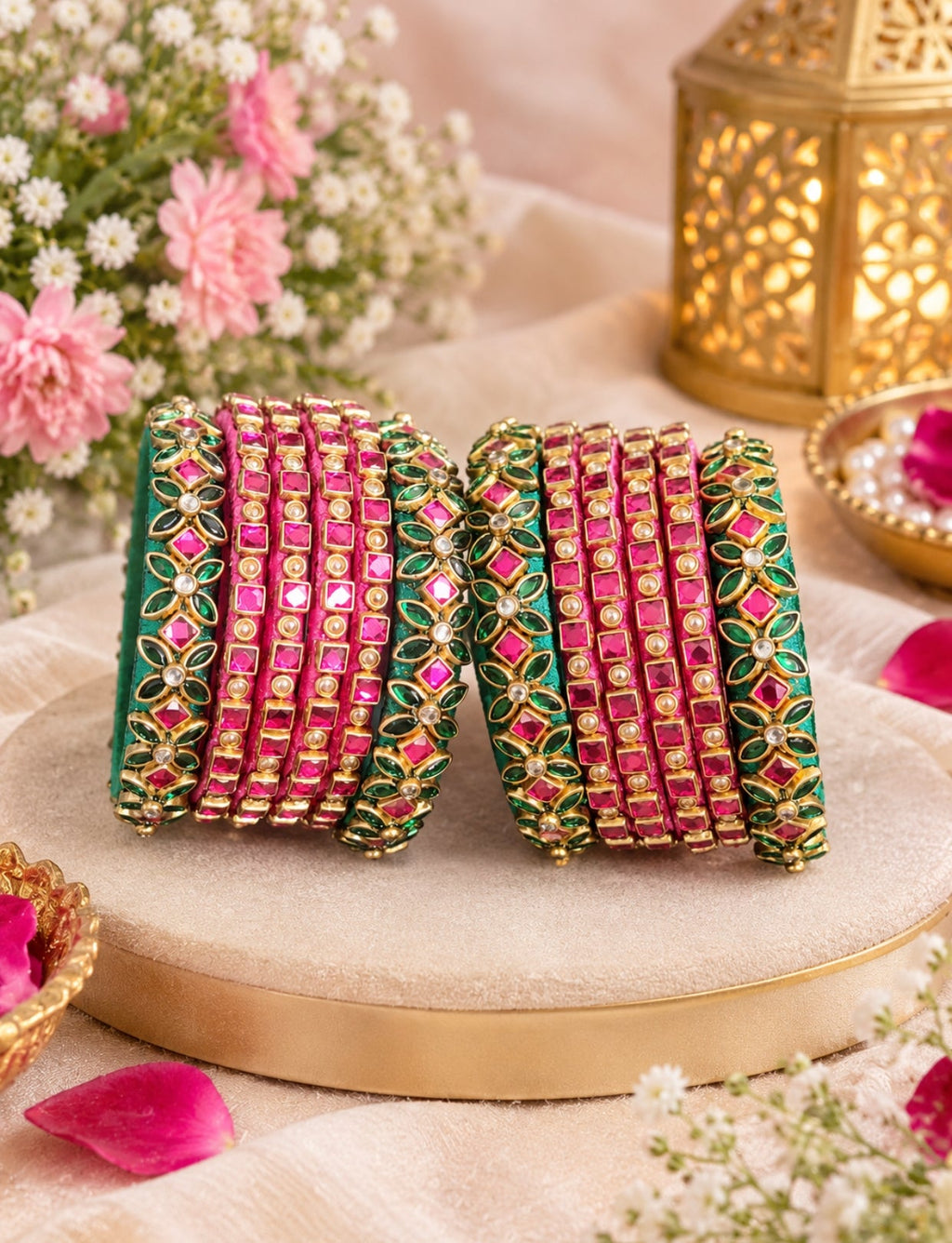 Silk Thread Bangles, Bottle Green and Pink combination with kundan stones - Nishkarsh the royal radiance