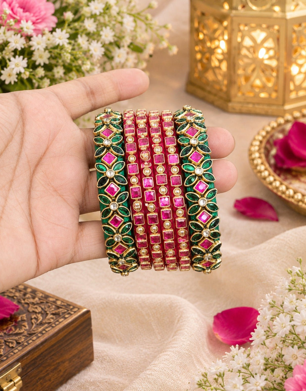 Silk Thread Bangles, Bottle Green and Pink combination with kundan stones - Nishkarsh the royal radiance