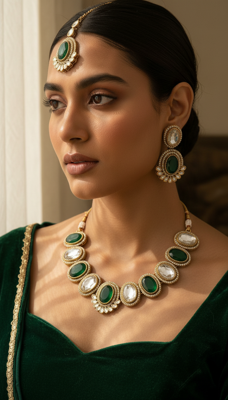 Kundan  Polki and AD Stones Necklace with Green Stone Pendant