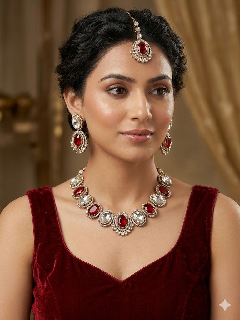 Kundan  Polki and AD Stones Necklace with Red Stone Pendant