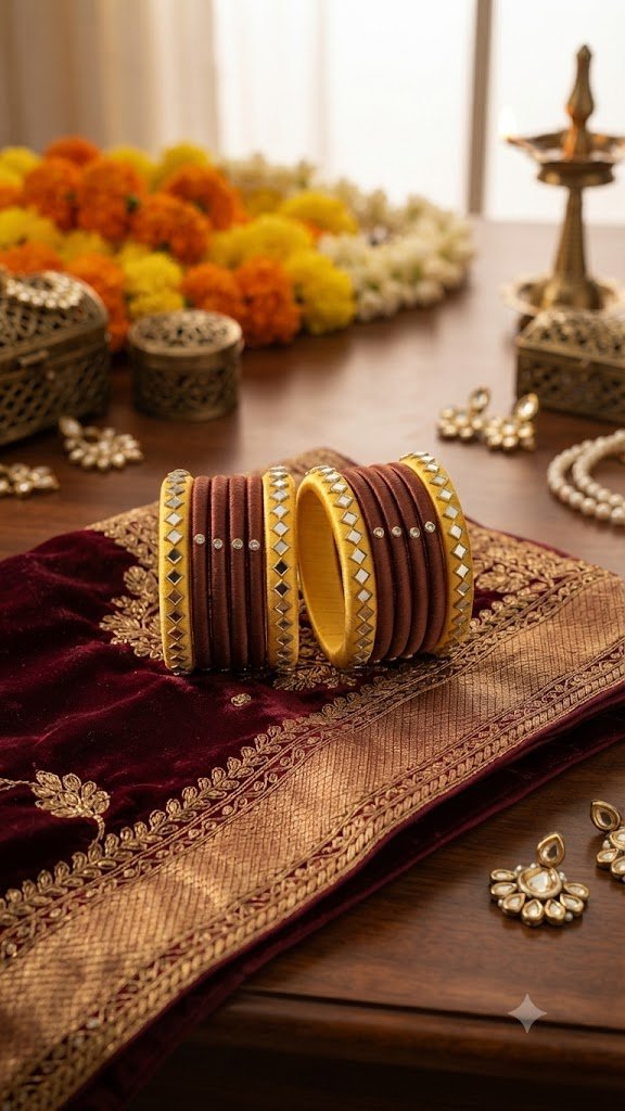 Silk Thread Bangles, Brown and Yellow Combination with kundan stones - Nishkarsh the royal radiance