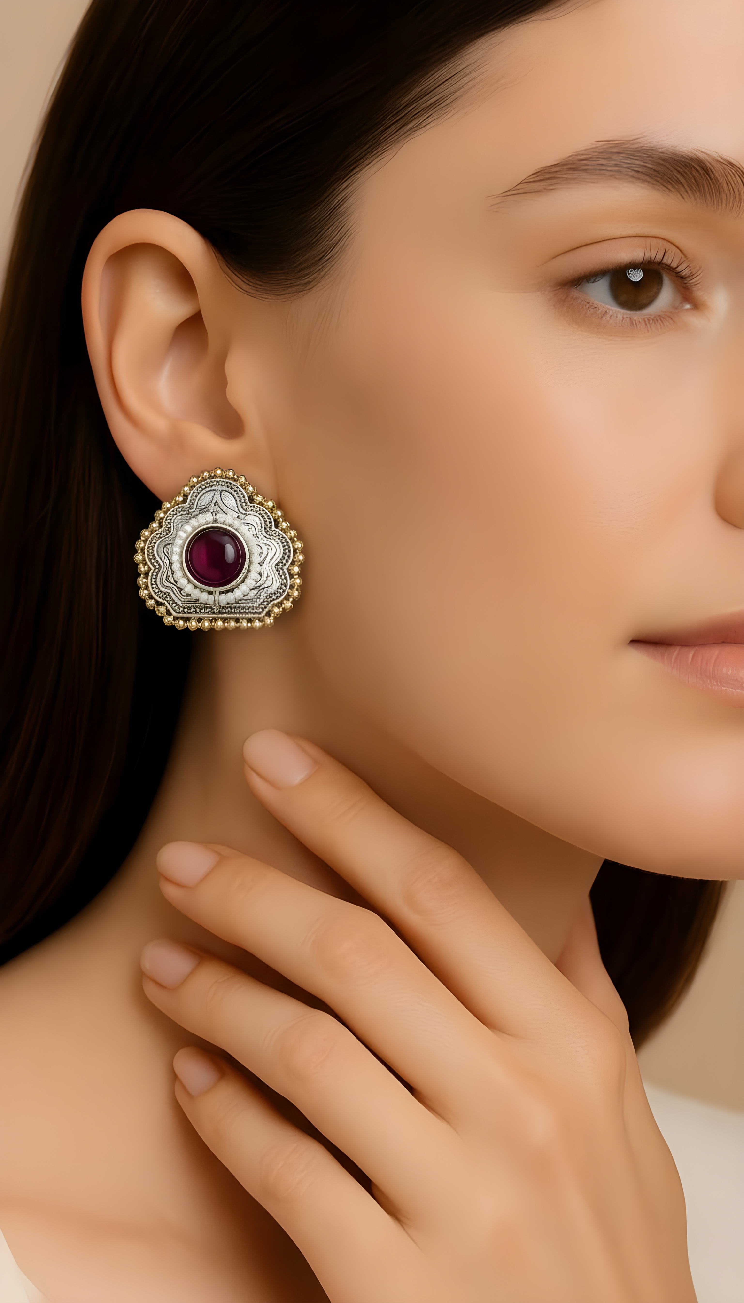 Monalisa Stone Oxidised Silver Replica Dark Blue Studs