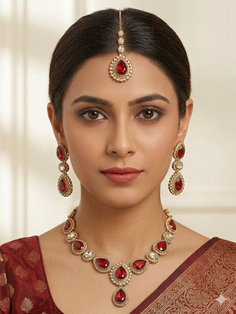Kundan  Polki and AD Stones Necklace with Red Stone Pendant