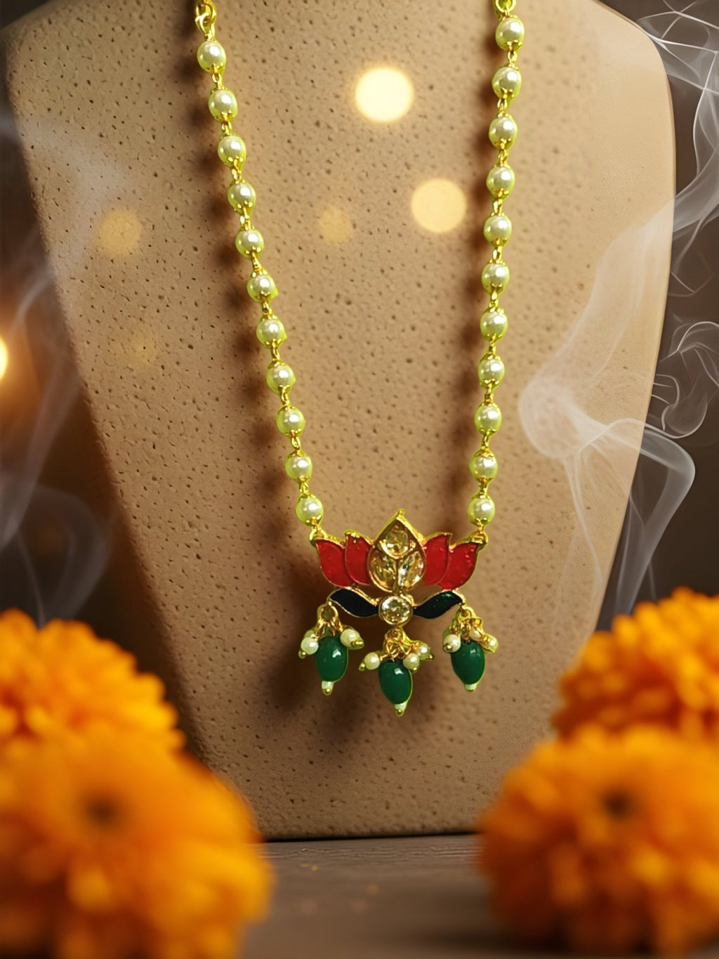 Traditional Lotus Flower Design Collar Bone Choker Necklace Set, Enameled AD Studded Floral Pendant With Adjustable Pearl Chain for Women & Girls - Nishkarsh the royal radiance