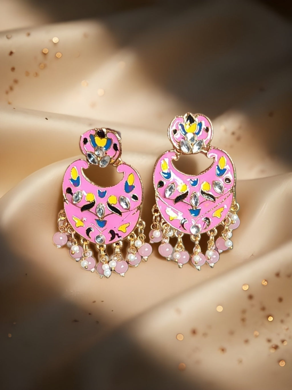 Light Pink Meenakari & Beads Kundan Dangler Earrings - Nishkarsh the royal radiance