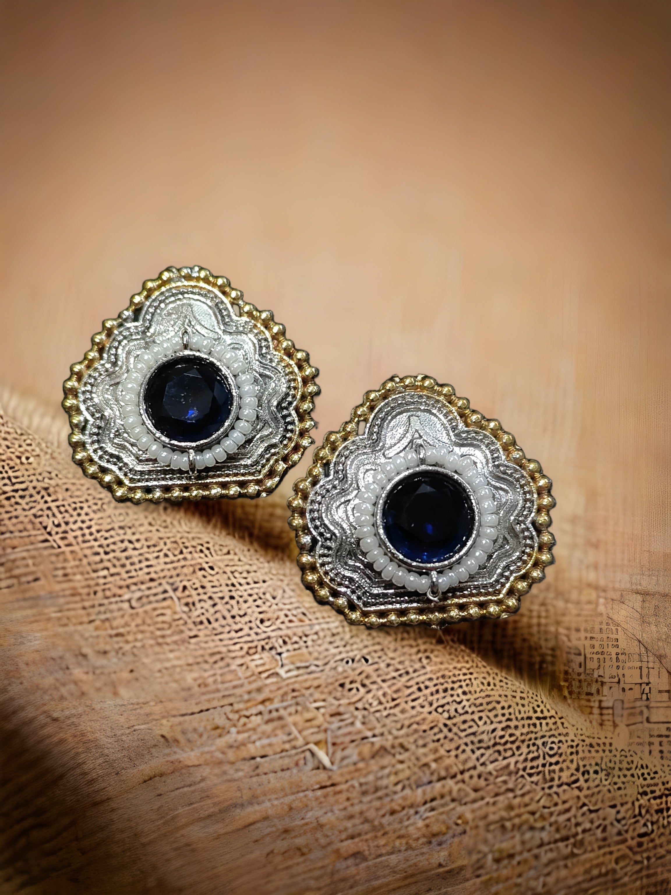 Monalisa Stone Oxidised Silver Replica Dark Blue Studs