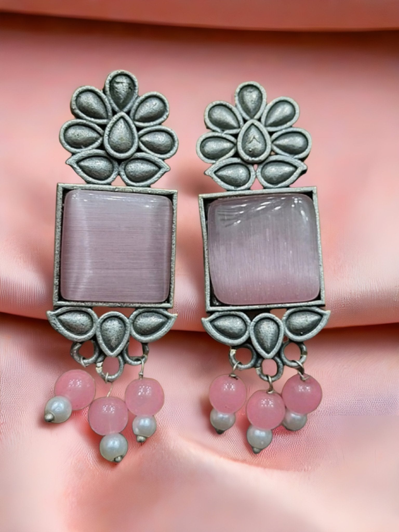 Monalisa Stone Oxidised Silver Replica Pink Studs - Nishkarsh the royal radiance