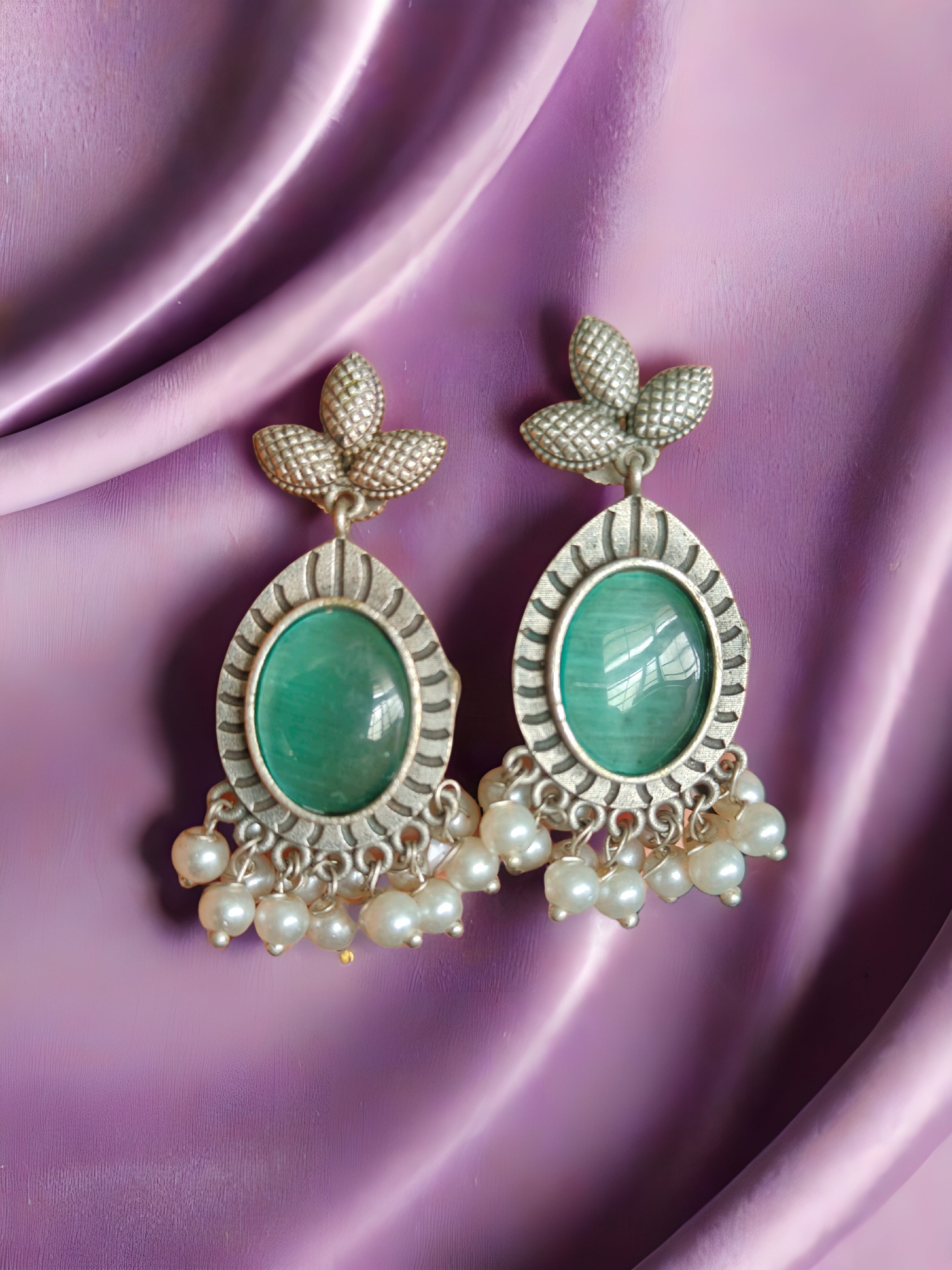 Monalisa Stone Oxidised Silver Replica Sea Green Dangler Earrings