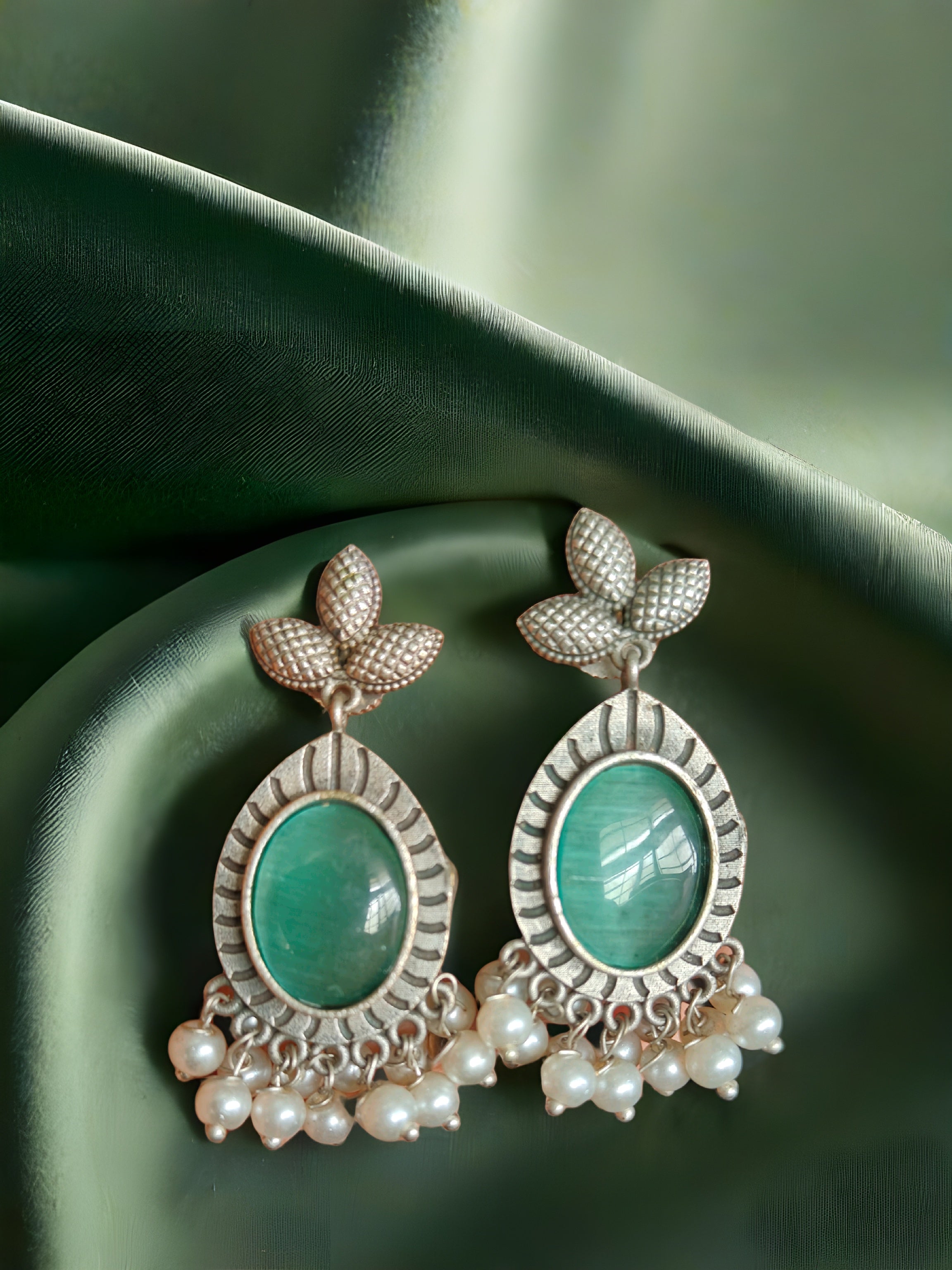 Monalisa Stone Oxidised Silver Replica Sea Green Dangler Earrings