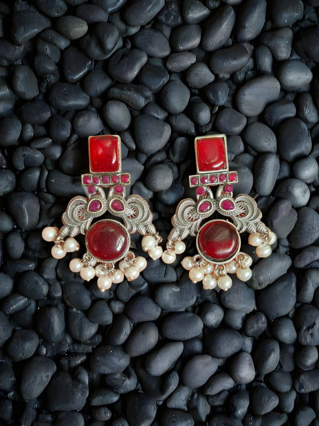 Monalisa Stone Oxidised Silver Replica Red Studs - Nishkarsh the royal radiance