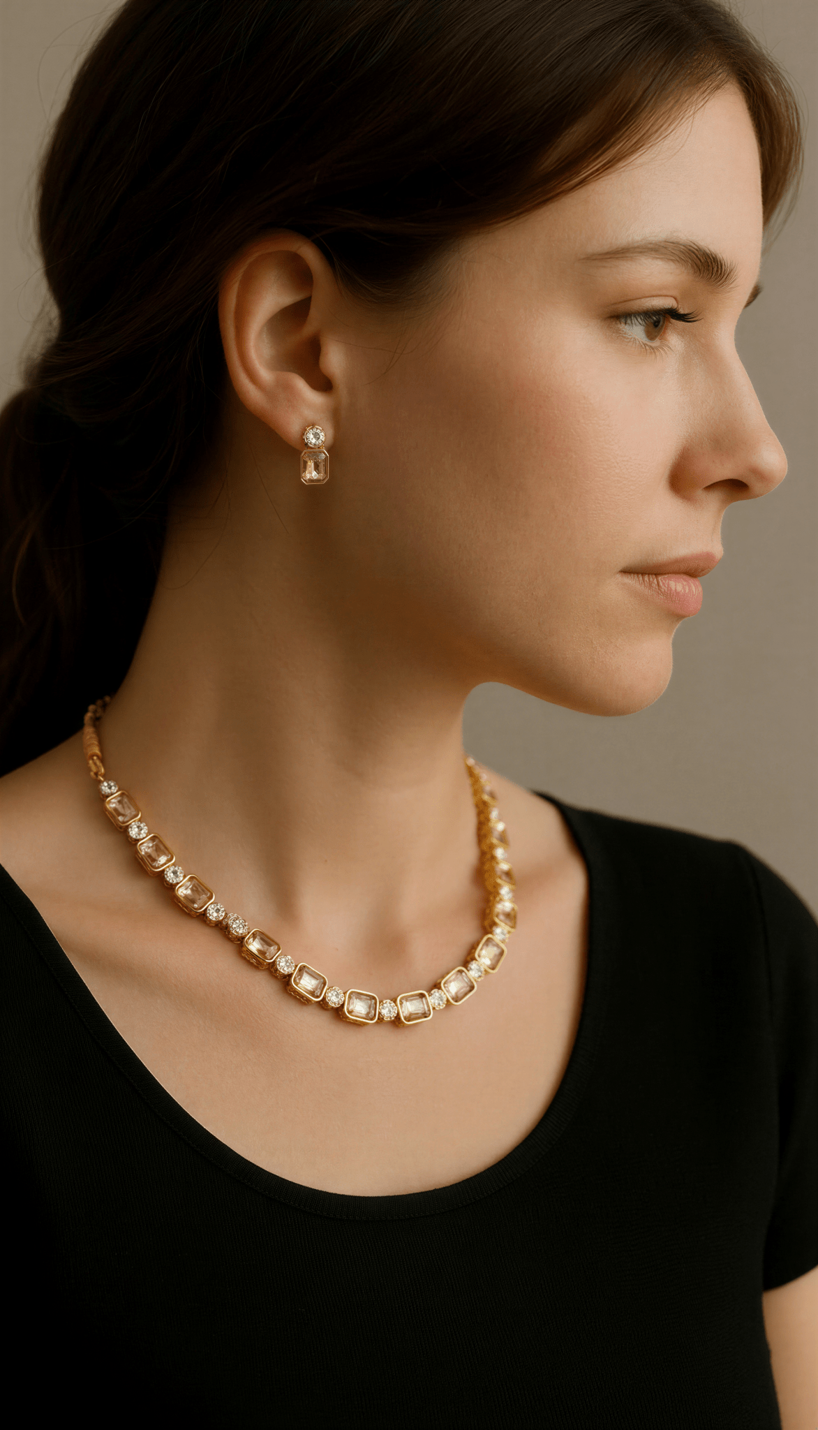 Golden Sufi Style Glass Stones Necklace Set With Pari Studs - Nishkarsh the royal radiance