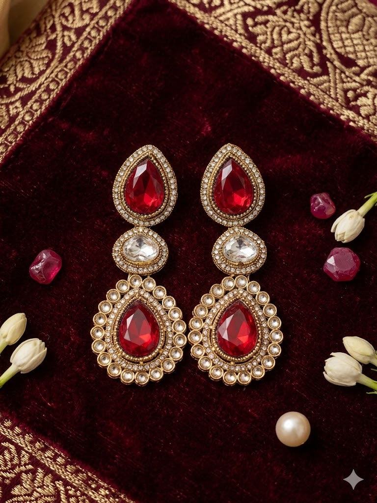 Kundan  Polki and AD Stones Necklace with Red Stone Pendant
