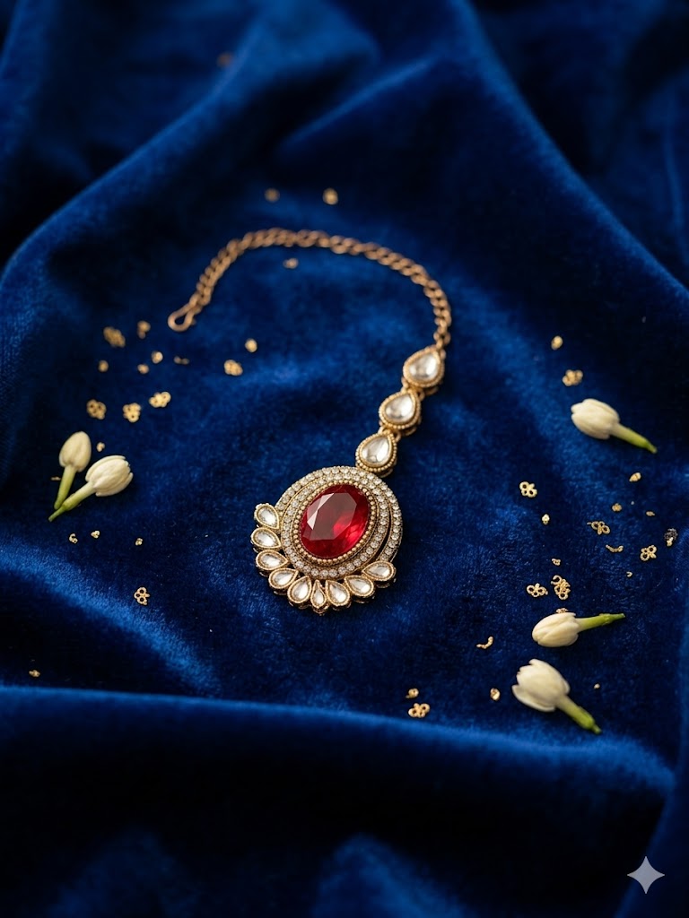 Kundan  Polki and AD Stones Necklace with Red Stone Pendant