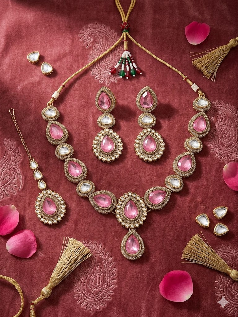Kundan  Polki and AD Stones Necklace with Pink Stone Pendant
