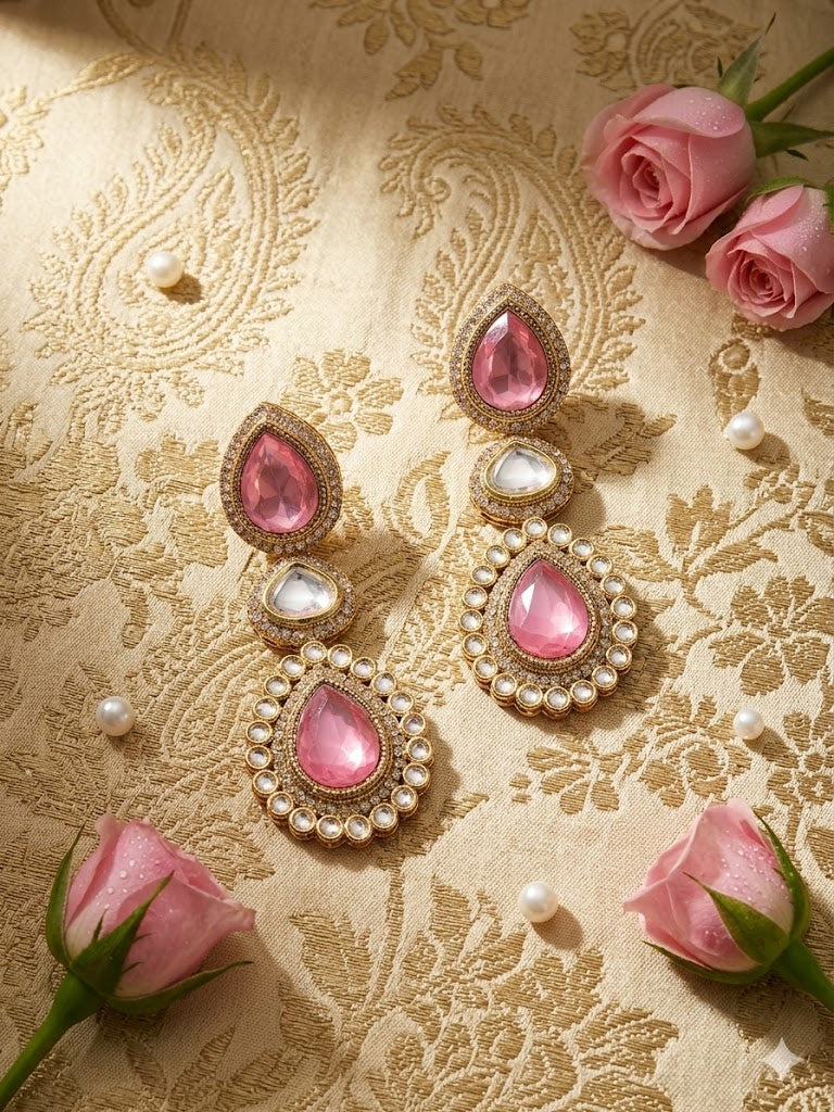 Kundan  Polki and AD Stones Necklace with Pink Stone Pendant