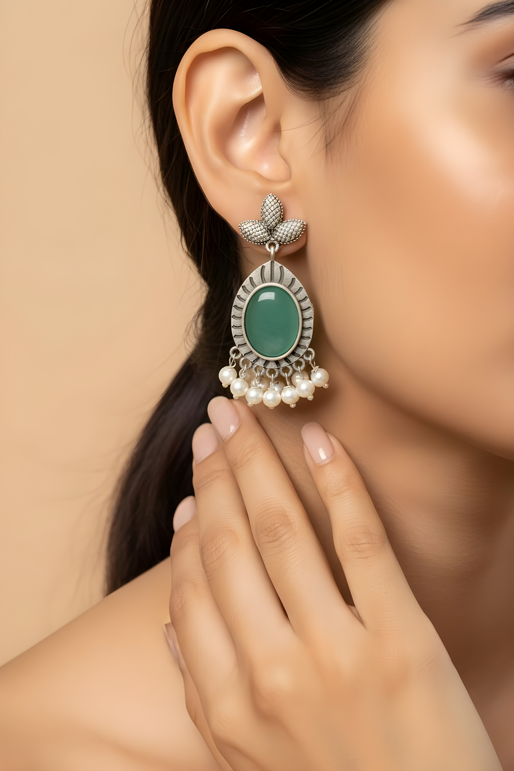Monalisa Stone Oxidised Silver Replica Sea Green Dangler Earrings