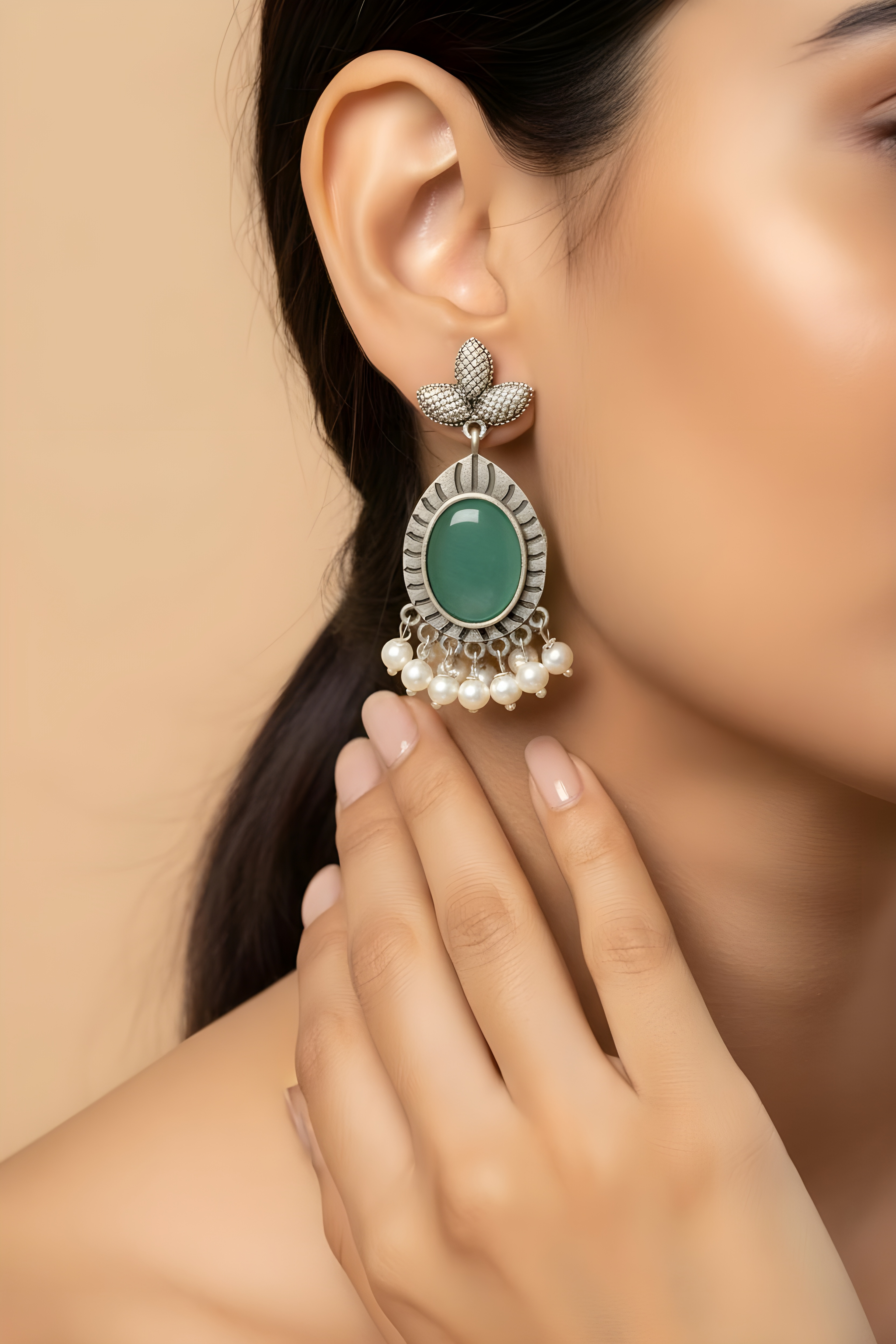 Monalisa Stone Oxidised Silver Replica Sea Green Dangler Earrings