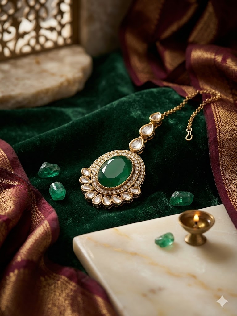 Kundan  Polki and AD Stones Necklace with Green Stone Pendant