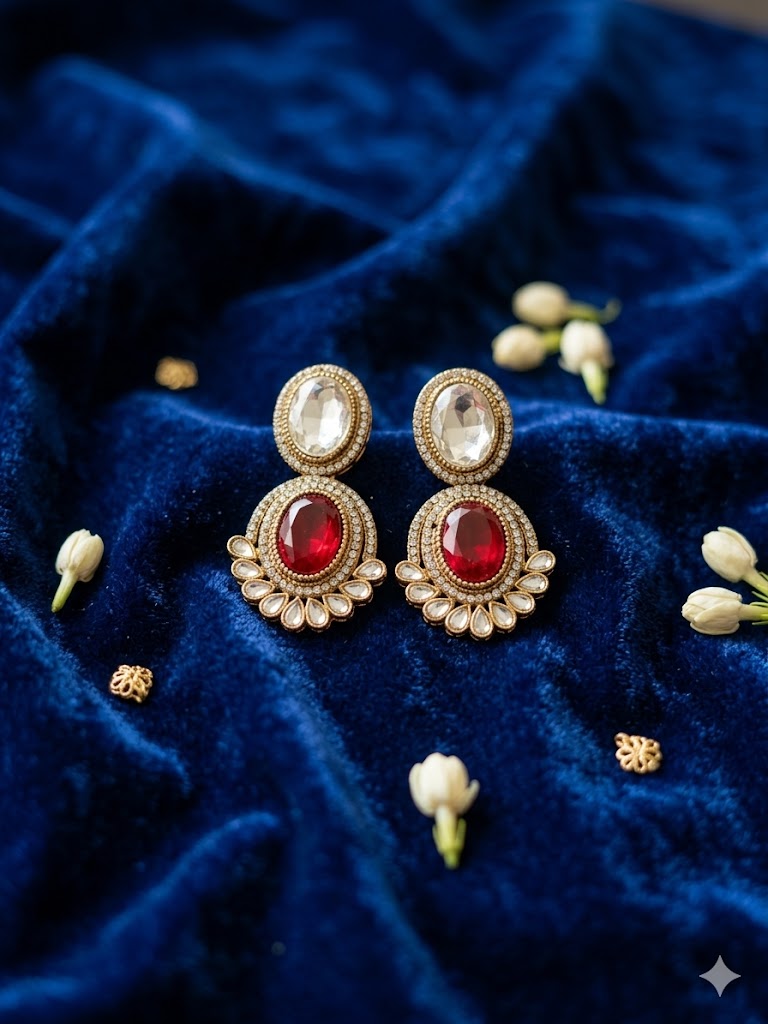 Kundan  Polki and AD Stones Necklace with Red Stone Pendant