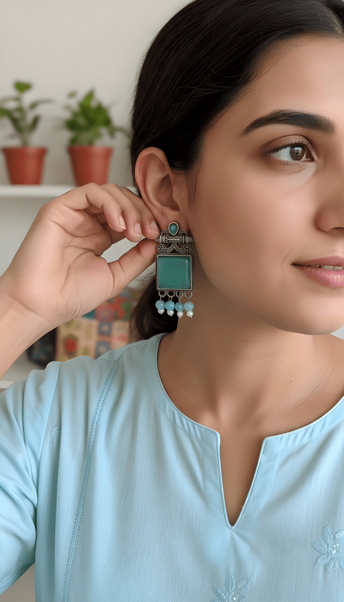 Monalisa Stone Oxidised Silver Replica Sea Green Colour Studs - Nishkarsh the royal radiance